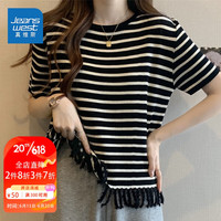JEANSWEST 真维斯 针织衫女小香风流苏条纹短袖夏季ins时尚宽松上衣女黑色均码