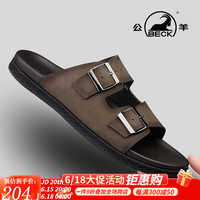 公羊男拖鞋夏季皮凉鞋外穿男鞋2023新款耐磨沙滩拖鞋男真皮防滑一字拖 棕色夏季款 42