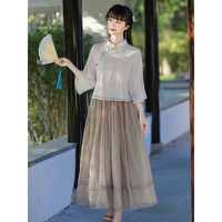 妖妮旗袍汉服成人女年轻2023薄款文艺中国风雪纺印花连衣裙两件套1043 浅咖啡裙套装 M(建议体重95-105)