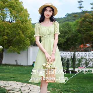 X.YING 香影 xiangying）天丝方领连衣裙女2023夏季新款莱赛尔高腰法式绿色度假风裙子 绿色 M预售6.20陆续发货