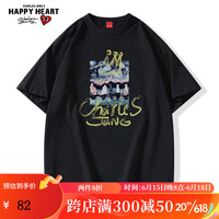 查尔斯桃心夏季纯棉休闲个性短袖T恤简约休闲油画风字母印花五分袖男女同款 黑色 M