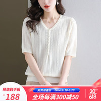 歌米拉(Gemila)V领白色短袖T恤女宽松上衣夏季2023新款夏装洋气蕾丝小衫针织薄款 白色 L 110-120斤