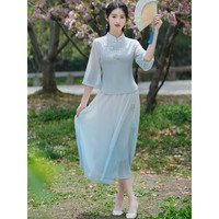 妖妮旗袍汉服成人女年轻款2023新款复古民族中国风仙女裙两件套0526 浅蓝色裙套装 M