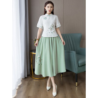 妖妮旗袍汉服成人女年轻2023复古民族中国风棉麻雪纺连衣裙两件套6265 白上衣绿色裙 M(建议体重80-95斤)