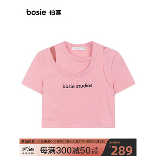 bosie 2023年夏季新款短袖T恤女结构截短字母印花T恤 粉色 S