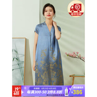 金菊20姆米桑蚕丝V领夏季新款花卉提花宽松中年大牌贵夫人女式连衣裙 兰色 L(165/88A)