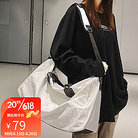 布兰奴(BULANNU)新款格子时尚尼龙布旅行袋女中号轻便防水短途出差行李包男大容量 白色