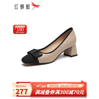 红蜻蜓(RED DRAGONFLY)高跟鞋女春夏2023新款方头柔软浅口时尚拼色妈妈鞋单鞋WGB12056 驼色 38