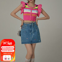 CHUU小樱桃高腰牛仔半身裙女2023夏季新款韩版小个子系带a字裙子 牛仔蓝 S