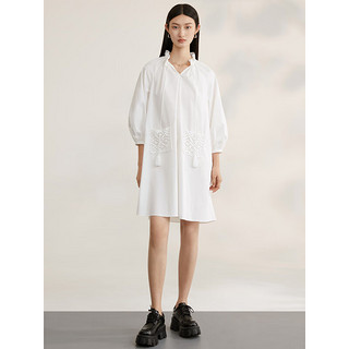 纳薇（naivee）23夏季新款木耳边系带松身高级感减龄白色衬衫裙 白色 预售 155/80A/S