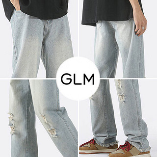 GLM森马集团品牌牛仔裤男美式直筒破洞潮流宽松男装长裤子 黑色 XL