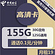 中国电信 高清卡 19元月租 125G通用+30G定向 激活返20元现金 首月免月租