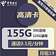  中国电信 高清卡 19元月租 125G通用+30G定向 激活返20元现金 首月免月租　