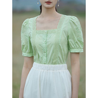 INMAN 茵曼 自然凉·小凉衫法式短袖衬衣女2023年夏新款方领泡泡袖白上衣 水绿色 M
