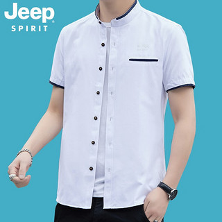 吉普（JEEP）短袖衬衫男立领撞色拼接商务休闲衬衣简约男装半袖WZ7237 白色 L