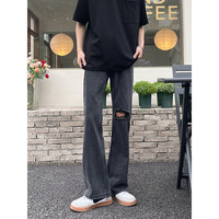 衣然呈品夏季破洞微喇叭牛仔裤男新款潮流宽松直筒垂感运动休闲长裤子男裤 黑灰色 L