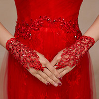 乔芈新娘结婚手套 白色红色婚纱礼服短款手套长款蕾丝网纱缎面礼仪 特 1009-红色