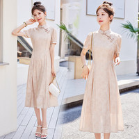 花芷2023复古小众古典盘扣改良旗袍裙长裙立领新中式连衣裙女夏显瘦潮 香槟色 M