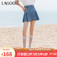 lagogo拉谷谷2023年夏季新款浅蓝色高腰A字百褶短裙牛仔半身裙女 浅牛仔蓝(N7) 160/M/38