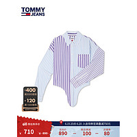TOMMY HILFIGER23新款女装纯棉不规则条纹拼接系结长袖衬衫DW0DW16272 蓝白条纹VML XS