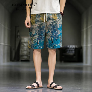 法玛莎品牌印花休闲裤2023年夏季新款男士宽松大码五分花色沙滩裤 一号色 M