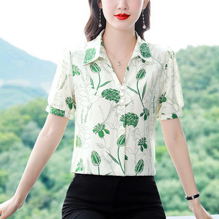 艾米恋夏季新款时尚减龄桑蚕丝女职场干练上衣短袖雪纺衫 绿色 M