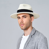 Siggi草帽男夏季绅士休闲沙滩潮帽子大头围遮阳平顶礼帽 月光白 59cm