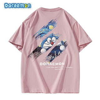 Doraemon 哆啦A梦 星空油画剪影卡通夏季t恤男潮流休闲纯棉短袖百搭情侣装男女同款 粉红 XXL