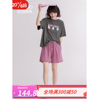 红豆（Hodo）短袖睡衣女夏季凉感莫代尔棉圆领套头印花休闲可外穿家居服套装 深灰-短袖短裤 165