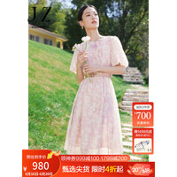 玖姿·安娜蔻几何印花短袖连衣裙女装2023夏季新休闲欧根纱拼色裙子 花粉红 XL
