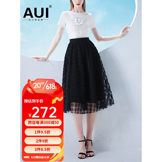 AUI套装女2023夏季新款修身显瘦白色纯棉T恤黑色网纱半身裙两件套 衣白 裙黑 M