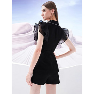 AUI西装套装女2023夏季新款黑色设计感无袖小个子收腰短裤两件套 黑色 XL