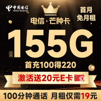 中国电信 芒种卡 19元月租(155G全国流量+100分钟通话+流量通话套餐长期可续)激活赠送20元E卡~