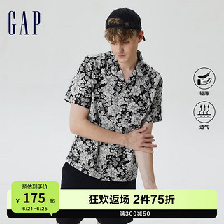 Gap男装夏季新款度假风轻薄棉麻短袖衬衫585744 黑色白底印花 185/104A(L)