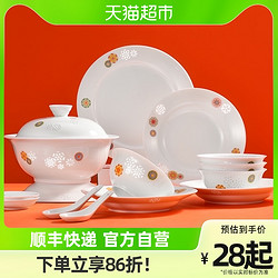 景德镇 陶瓷家用简约粉彩玲珑餐具套装单个中式饭碗碟盘组合乔迁