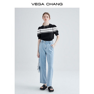 VEGA CHANG条纹针织T女设计感小众收腰显瘦泡泡袖针织上衣夏款 黑白条纹 S