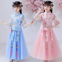 TongMaiwu 童唛屋 汉服唐装春夏儿童公主纱裙子小女孩宝宝襦裙表演出服 粉色半袖 120码