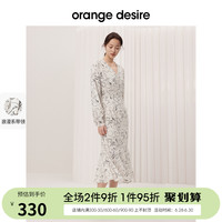orange desire线条印花V领系带连衣裙女2023春夏新款长袖浪漫裙子