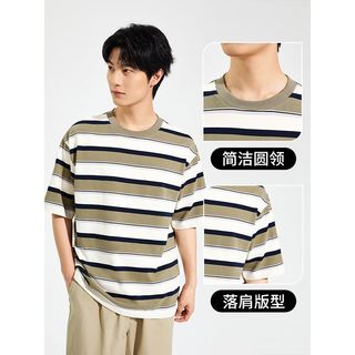 hotwind 热风 2023年夏季新款男士圆领短袖t恤条纹上衣男日常休闲短袖男装