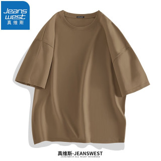 真维斯（JEANSWEST）重磅短袖T恤男汗衫小众t恤潮流ins风印花胸标时尚学生纯棉体恤衫 卡其（纯色） 4XL(体重200斤-220斤)