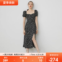 范洛2023夏季新款法式方领碎花连衣裙女黑色显瘦开叉泡泡袖长裙子
