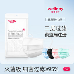 WELLDAY 维德 灭菌一次性医用外科口罩三层正品透气成人黑色白色防护正规 100只