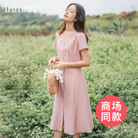 夏装文艺V领短袖连衣裙绣花收腰显瘦长裙钮扣A字版型