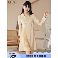 LILY 2022秋新款女装气质纯色通勤款别致褶皱高腰显瘦西装式连衣裙 201黄色 XL