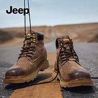 Jeep 吉普 男鞋马丁靴男女冬季英伦风高帮加绒棉鞋男款真皮工装靴子