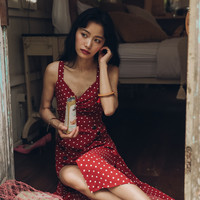 从那以后春花秋月性感V领露背吊带波点开叉裙长连衣裙女夏度假