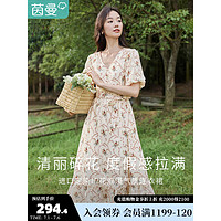 INMAN 茵曼 法式设计感印花连衣裙2023夏女新款V领泡泡袖高腰长裙F18323075 花杏色 S