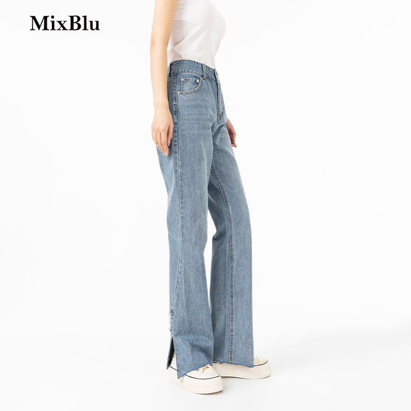 MixBlu 高腰牛仔裤女2023春季新款韩版时尚复古百搭显瘦开叉直筒裤