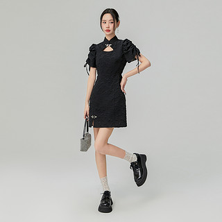 一栗小莎子同款LA CRAWFISH浮雕肌理感泡泡袖新中式连衣裙女夏季