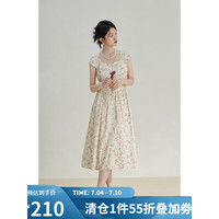 自巧（ZIQIAO）小个子法式方领亚麻连衣裙2023新款夏季度假风绑带碎花背心裙 紫海葵花 2